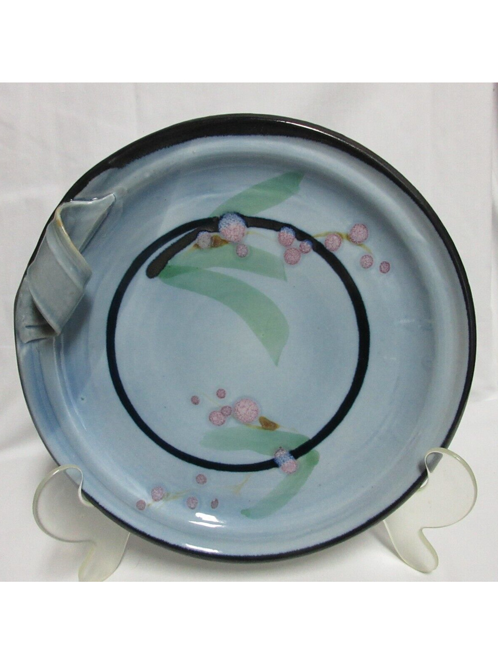 Hand Thrown Artisan Pottery Plate Tray Blue Splatter Glaze Curled Handle SIGNED